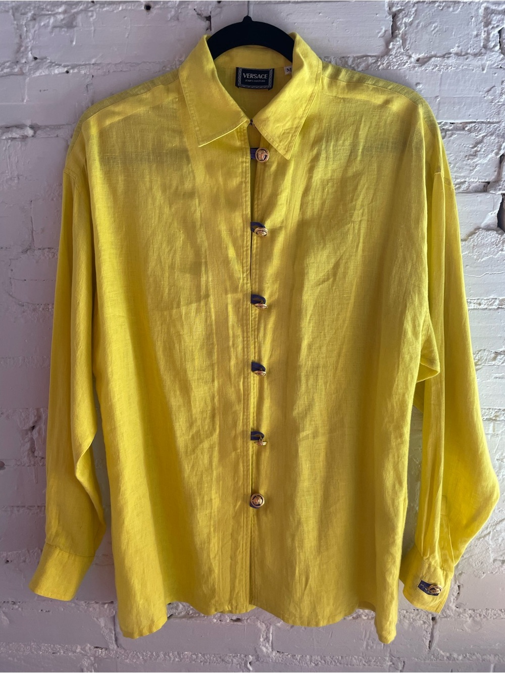Versace Linen Lemon Yellow Button-Up Shirt